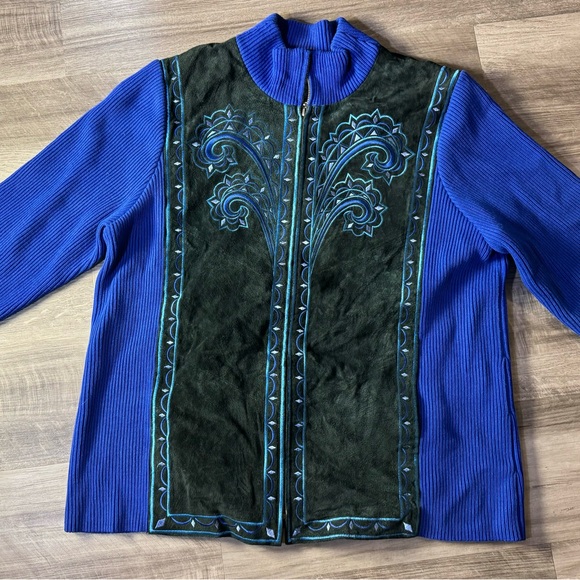 Bob Mackie Women Wearable Art Suede Black Blue Embroidered Zip Knit Jacket Sz L - Picture 3 of 14